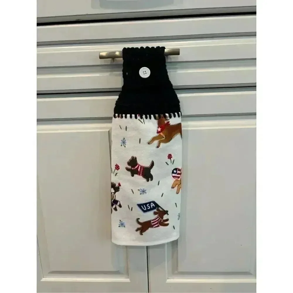 Crochet Top Kitchen Towel- Patriotic dogs